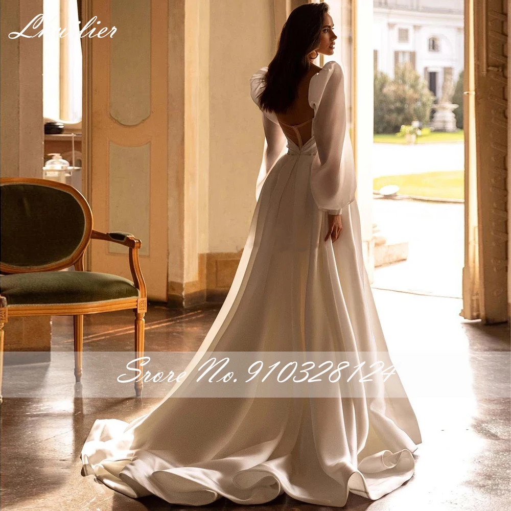 Lhuillier vestido de novia de satén sin tirantes, traje elegante con mangas abullonadas, abertura alta, tren de corte