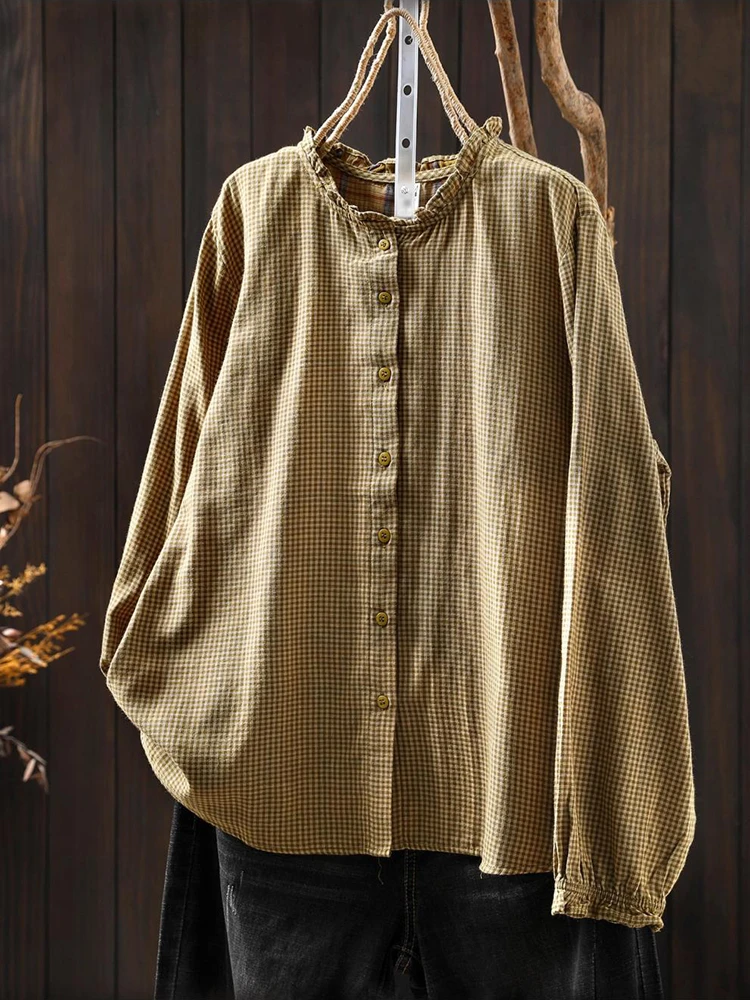 المرأة طويلة الأكمام عادية منقوشة قميص جديد وصول 2025 الخريف خمر نمط الوقوف طوق فضفاض الإناث ملابس علوية من القطن قمصان M2038