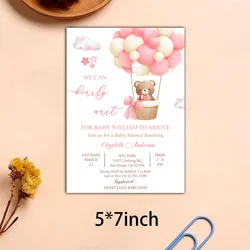 Personalise Pink We Can Bearly Wait Teddy Bear Balloon Bear Theme Card, Baby Shower Invitation Invites Card, Pink Pampas Grass