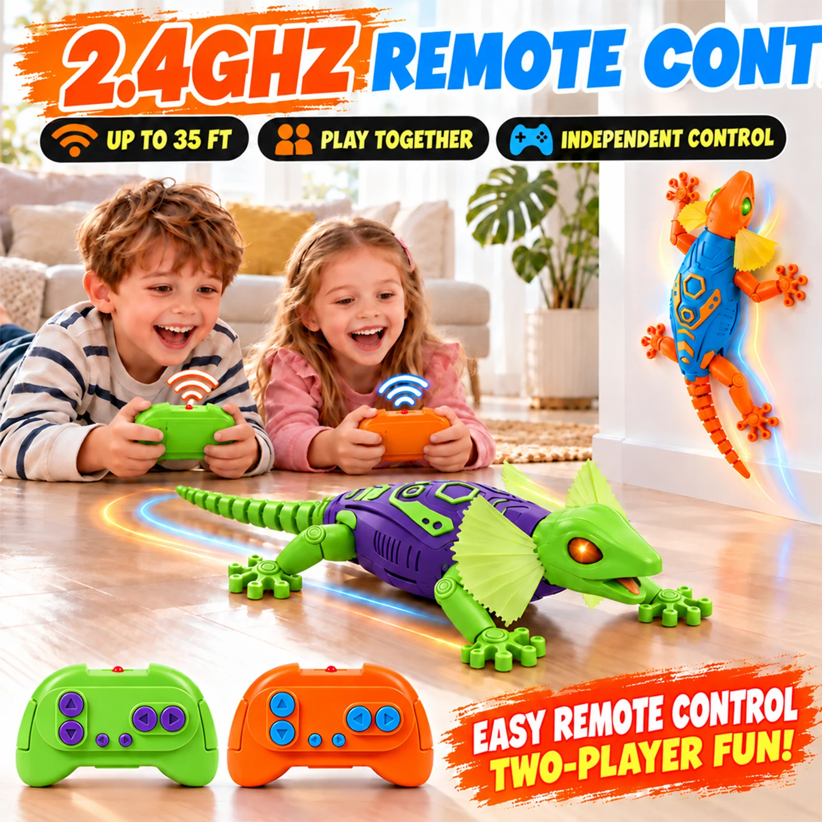 RC Wall Climbing Gecko Toy, 2.4GHz Remote Control Lizard with LED Glowing Eyes, Dual Player Mode, Electric Robot Toy for Kids