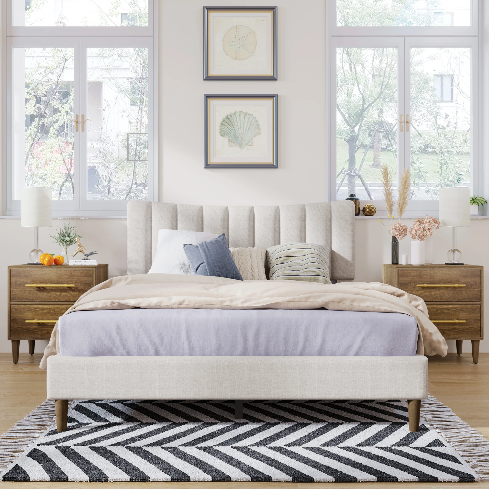 

Upholstered Platform Bed Frame with Vertical Channel Tufted Headboard, No Box Spring Needed，Bedroom Furniture