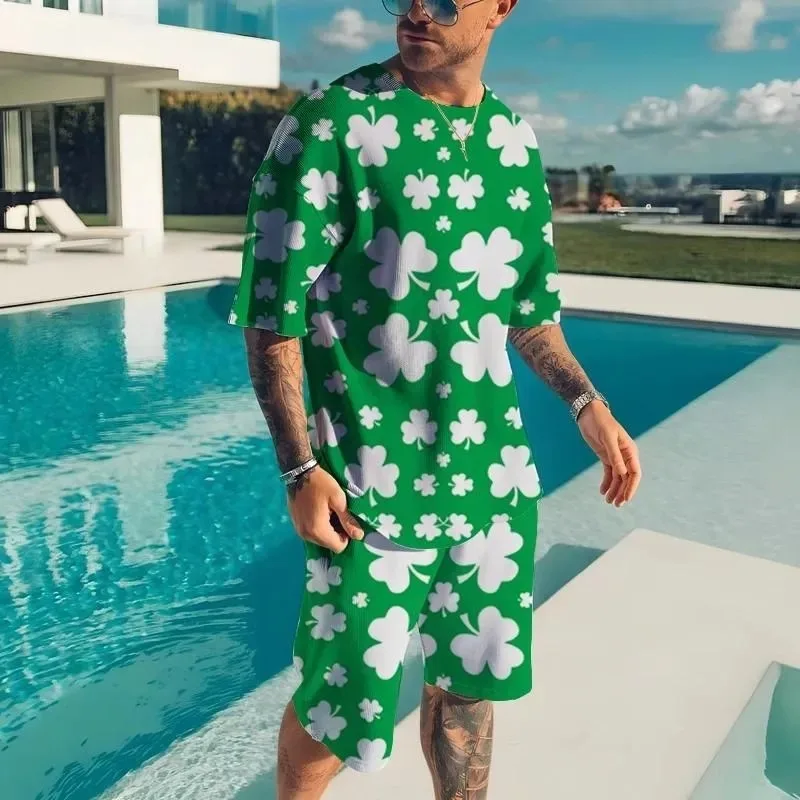 

2025 New Summer 3D Printed Men's Outdoor Beach Vacation Round Neck T-shirt Sports Set Short Sleeved Casual T-shirt 2-piece Set