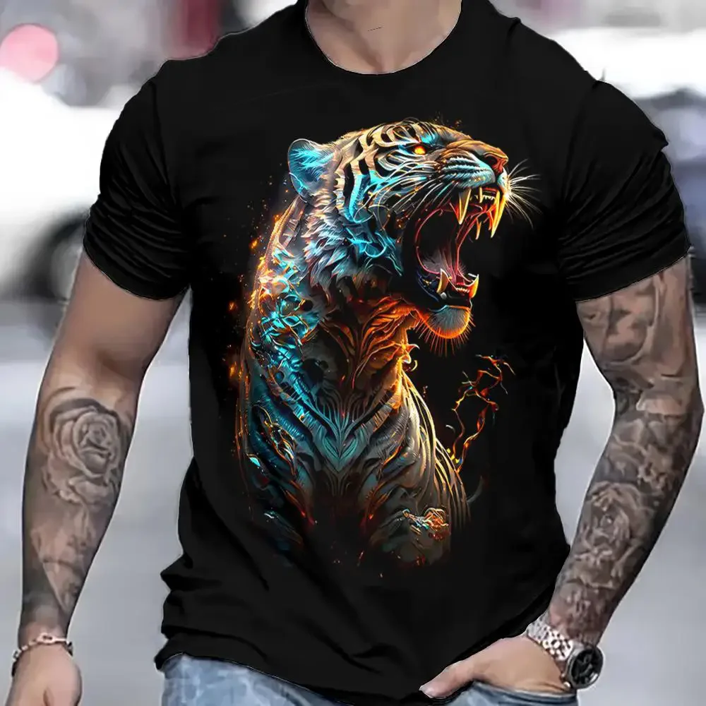 Summer Trendy New Men's Tiger 3D Print Pattern T-Shirt, Fashionable and Breathable Short-Sleeved Round-Neck Loose Large-Sized To