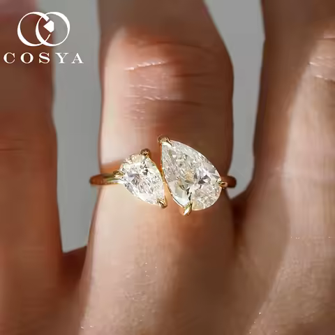 COSYA 1.5CT Pear Cut 2-stone Moissanite Ring 100% S925 Silver 18K Gold D Color Lab Diamond Wedding Band For Women Jewelry Gift
