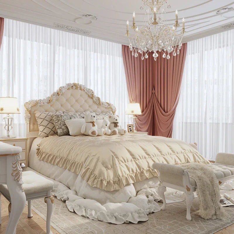 Light Luxury Modern Bed Solid Wood French Design Classic Fashionable Bed Confortable Headboard Cama De Casal Bedroom Furniture