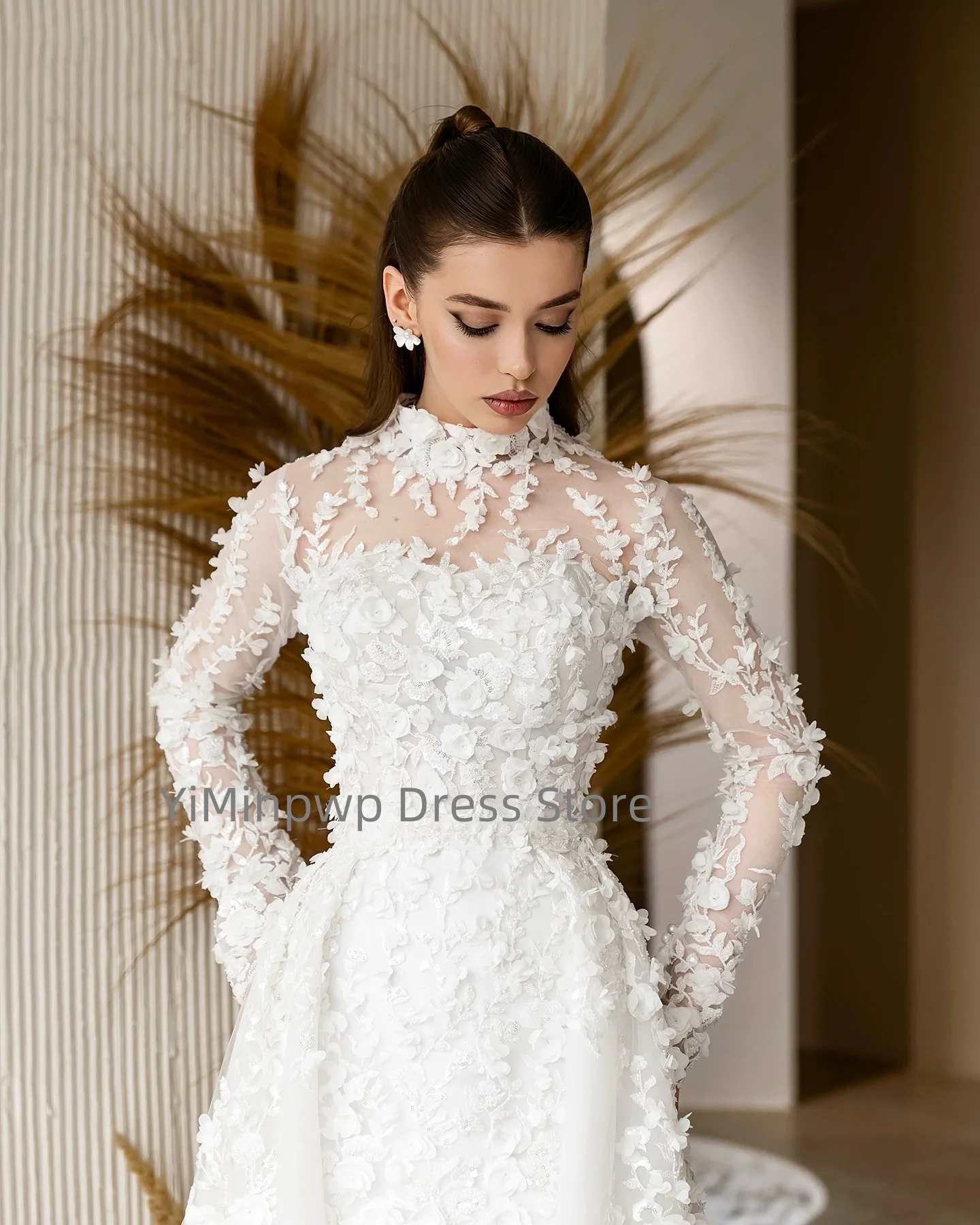 Vestidos de casamento requintados, gola alta, manga longa, sereia, vestido de noiva, flor, trem de varredura, vestido de noiva personalizado