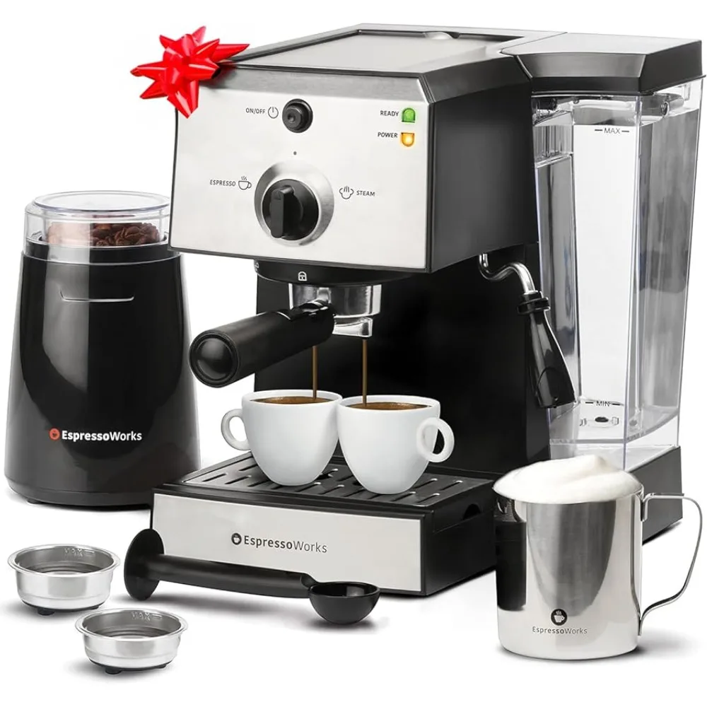 All-In-One Espresso Machine with Milk Frother 7-Piece Set - Latte Maker Includes Grinder, Frothing Pitcher, Cups, Spoon & Tamper