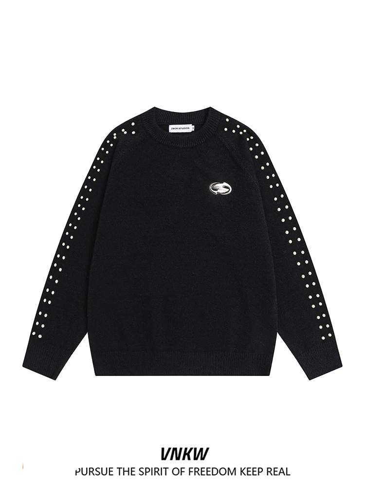 

Американский вязаный свитер-пуловер свободного кроя для пар с бисерным декором, повседневная зимняя верхняя одежда...