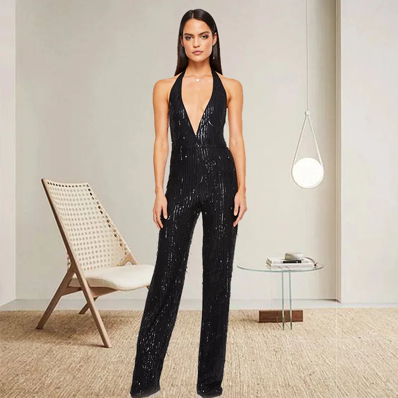 

Onesie Summer Women's Clothing, Deep V Sleeveless Sequined Onesie Neck Backless Fringed Jumpsuit