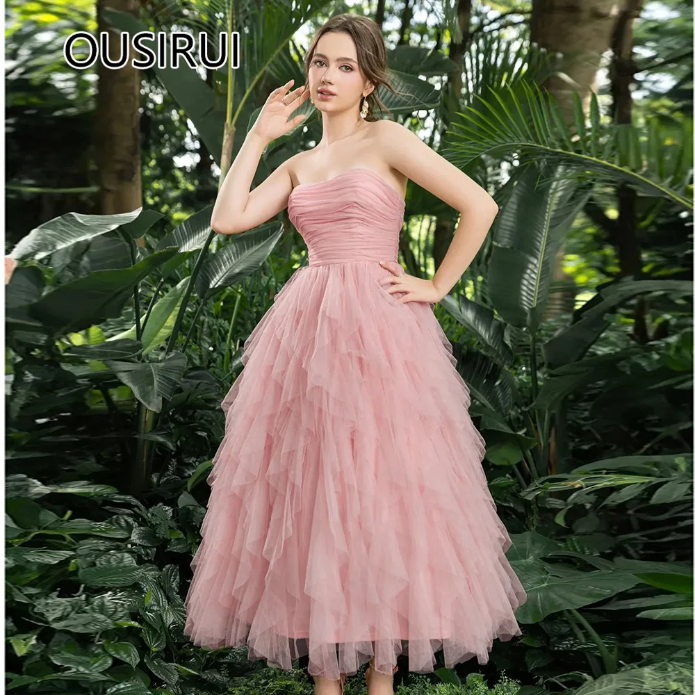 Customized Charming Boat Collar Tulle Ruffles Tiered Prom Party Dress A-line Backless Lace up Ankle-Length Prom Cocktail Dress