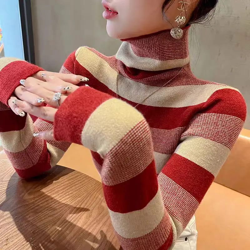 Women Clothing Vintage Striped Turtleneck Sweaters Autumn Winter New Fashion Elegant Elastic Slim Soft Wool Knitted Pullovers