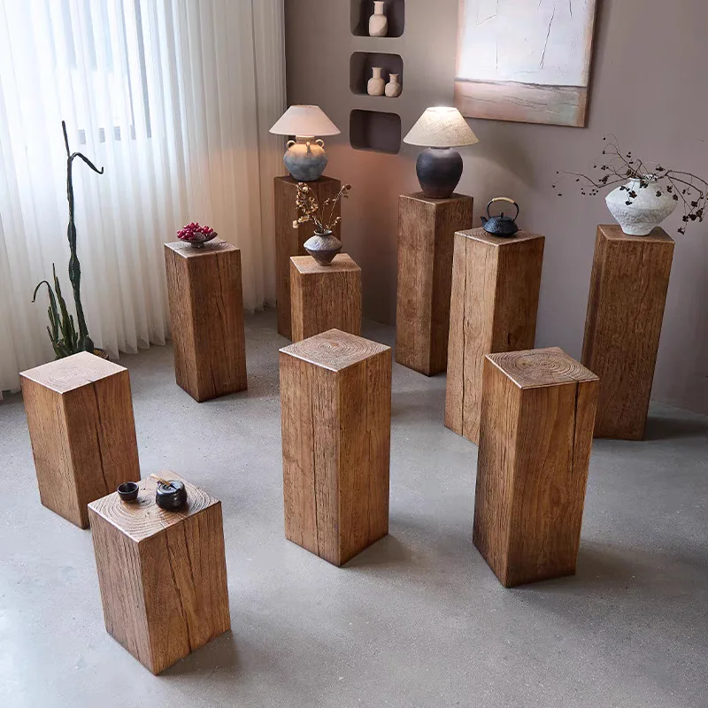 Nordic retro old solid wood flower stand solid wood pillar wooden pier B & B hotel exhibition hall table base sofa edge corner