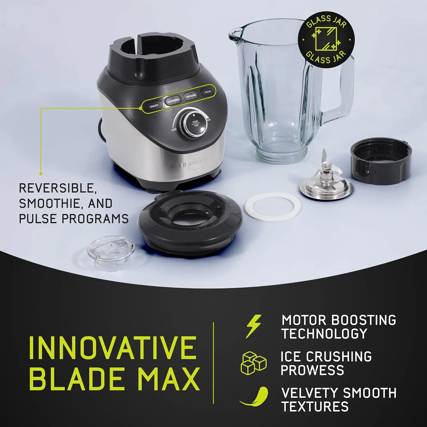 خلاط 1500 بيك وات توربو إيليت ماكس، 71 أونصة - إبريق زجاجي سعة 9 كوب / 2.1 لتر، 3 إعدادات للسرعة مع 6 فولاذ مقاوم للصدأ قوي