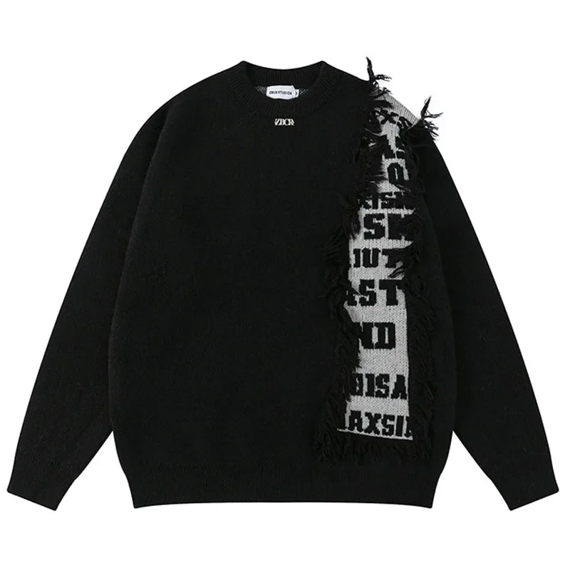 

Hip Hop Letter Mens Knitted Sweaters Tassel Patchwork Harajuku Streetwear Casual Loose O-Neck Varsity Pullover Couples Autumn