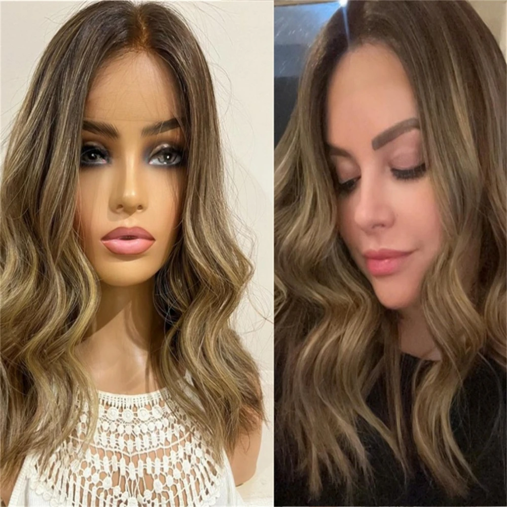 

Ombre Brown Hair Wig With Blonde Highlights And Dark Roots Synthetic Lace Front Wig Middle Part Realistic Wig For Women Alopecia