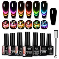 VOKY 7PCS Double Color Cat Eye Gel Nails Polish Set, 6 colors of UV gel + black base gel + magnetic stick, and DIY nail art