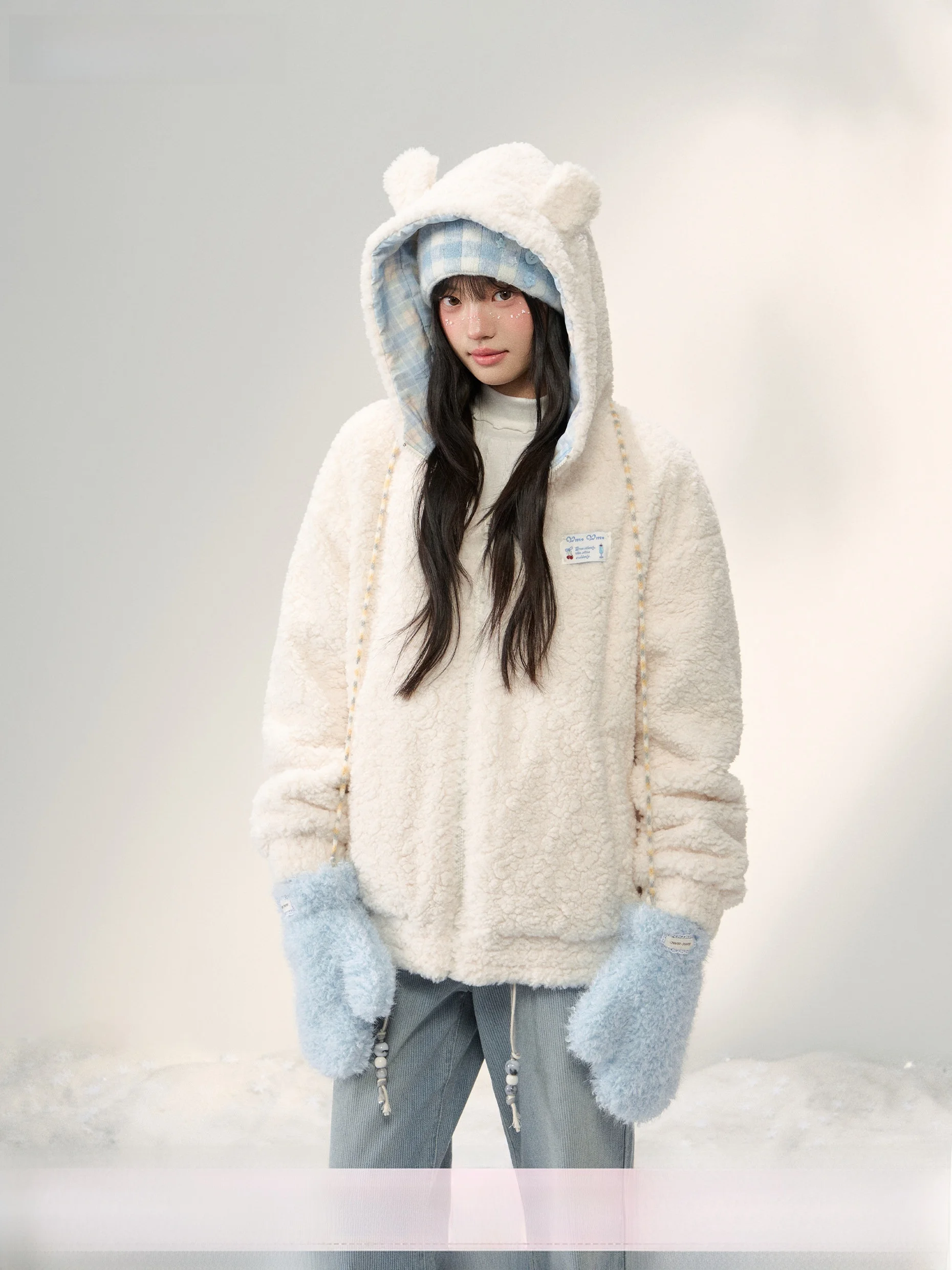

Umoumo Cute Fre Plu Bear Ear Hooded Cheered Cotton Warm Outerwear Reversible Polyester Inner Lace Zipper Winter Coat
