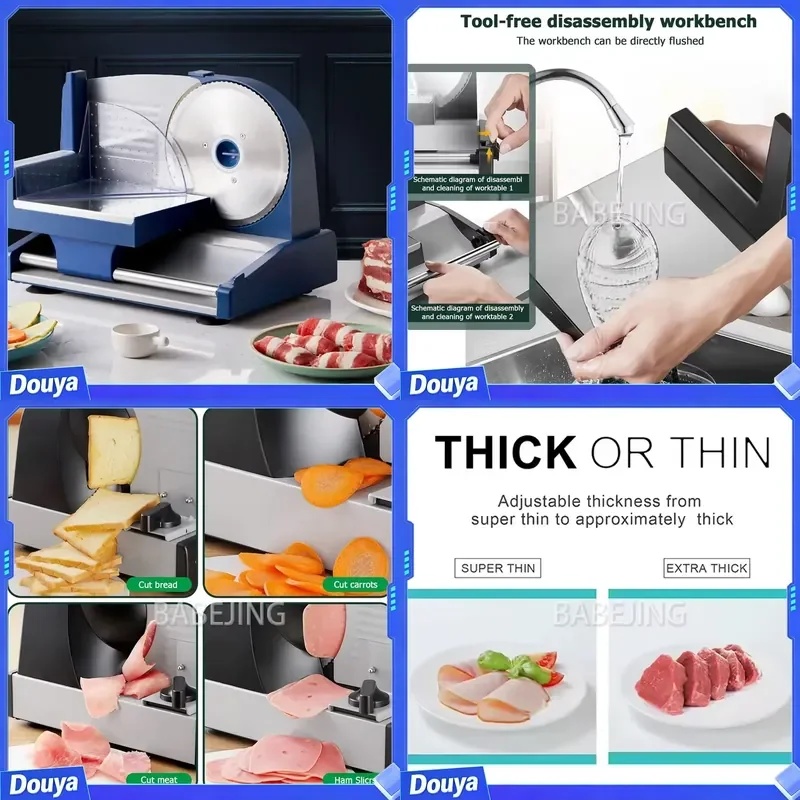 Commercial Electric Slicer for Desktop Adjustable Thickness Meat Bread Cutter Machine for Ham Lamb Rolls