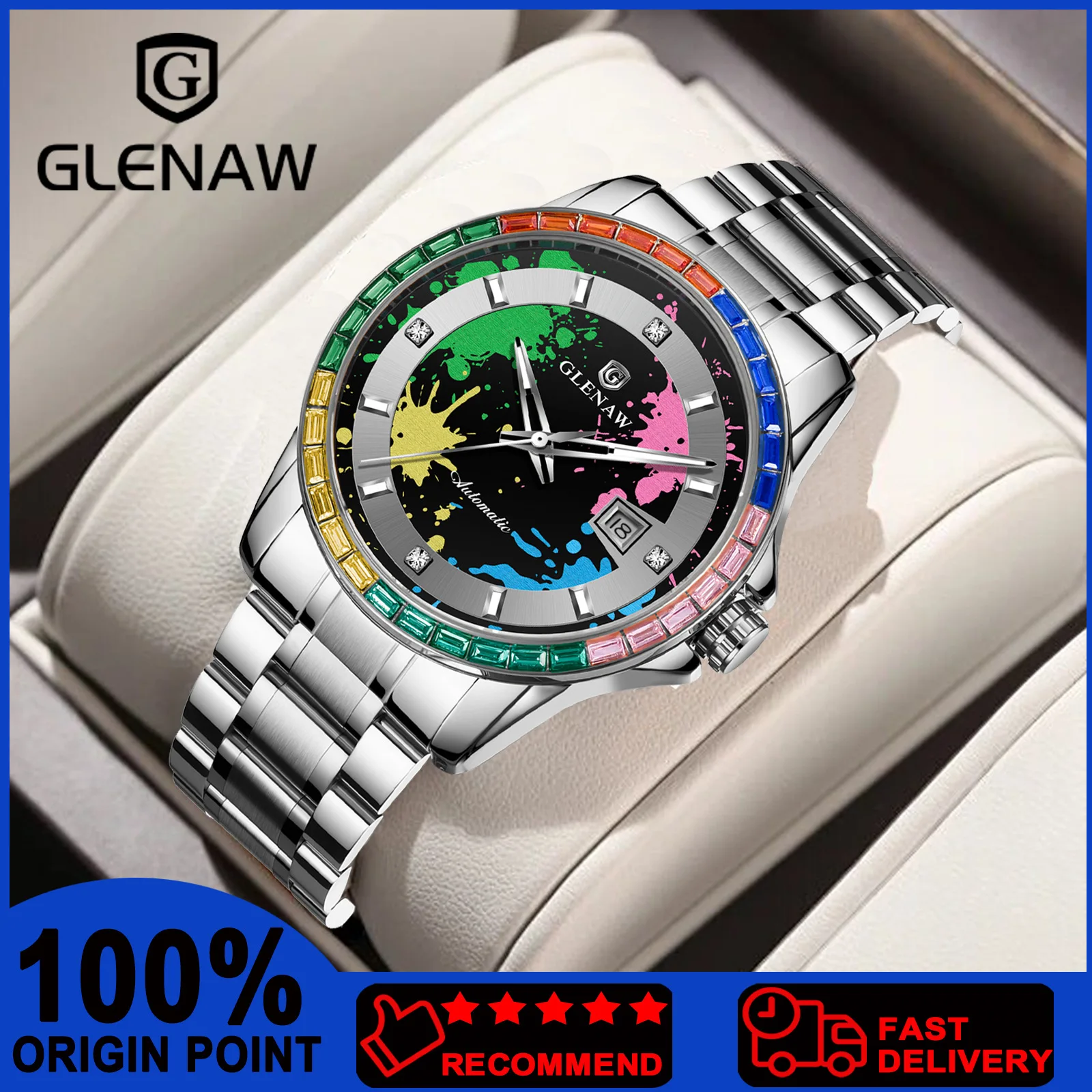 

GLENAW 2025 дизайнерские новые механические часы с радужным кругом, мужские часы с граффити, ночник, календарь, водонепроницаемые роскошные механические часы