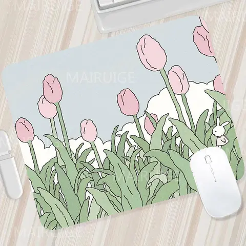 자세히 둘러보기 녹색 작은 마우스 패드 마우스 카펫 귀여운 책상 매트 카와이 튤립 게임 액세서리 마우스 매트, 게이머 표면 컴퓨터 마우스