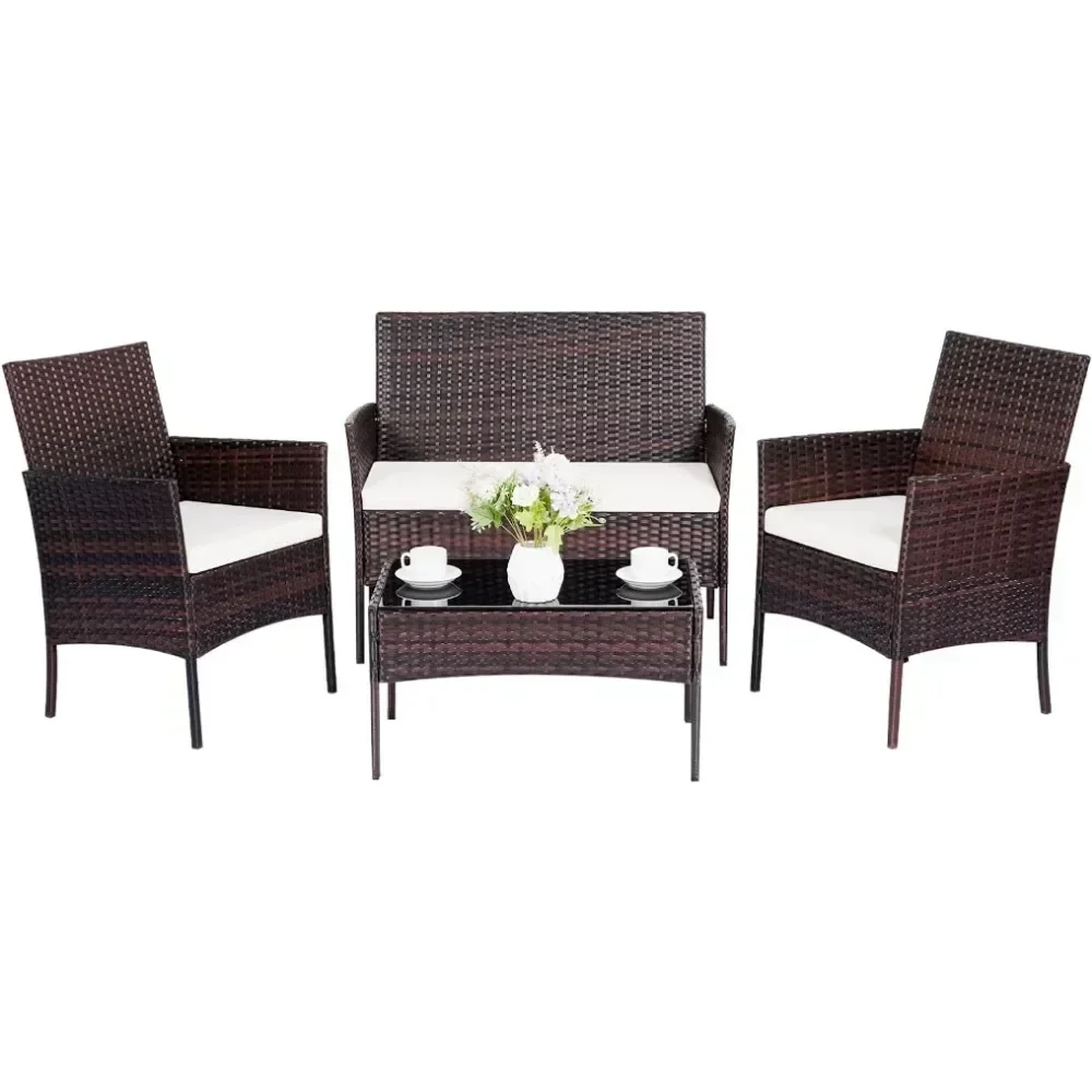 Patio Furniture Set 4 Pieces Conversation Sets Outdoor Wicker Rattan Chairs Garden Backyard Balcony Porch Poolside Loveseat