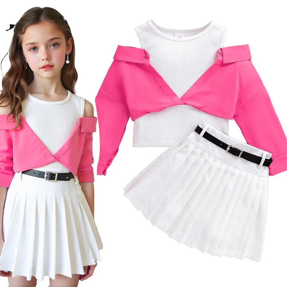1-7-歳の女の子秋-3-ピース服セットベビー幼児女の子スーツシャツトップ-プリーツスカート-ベルト子供子供服