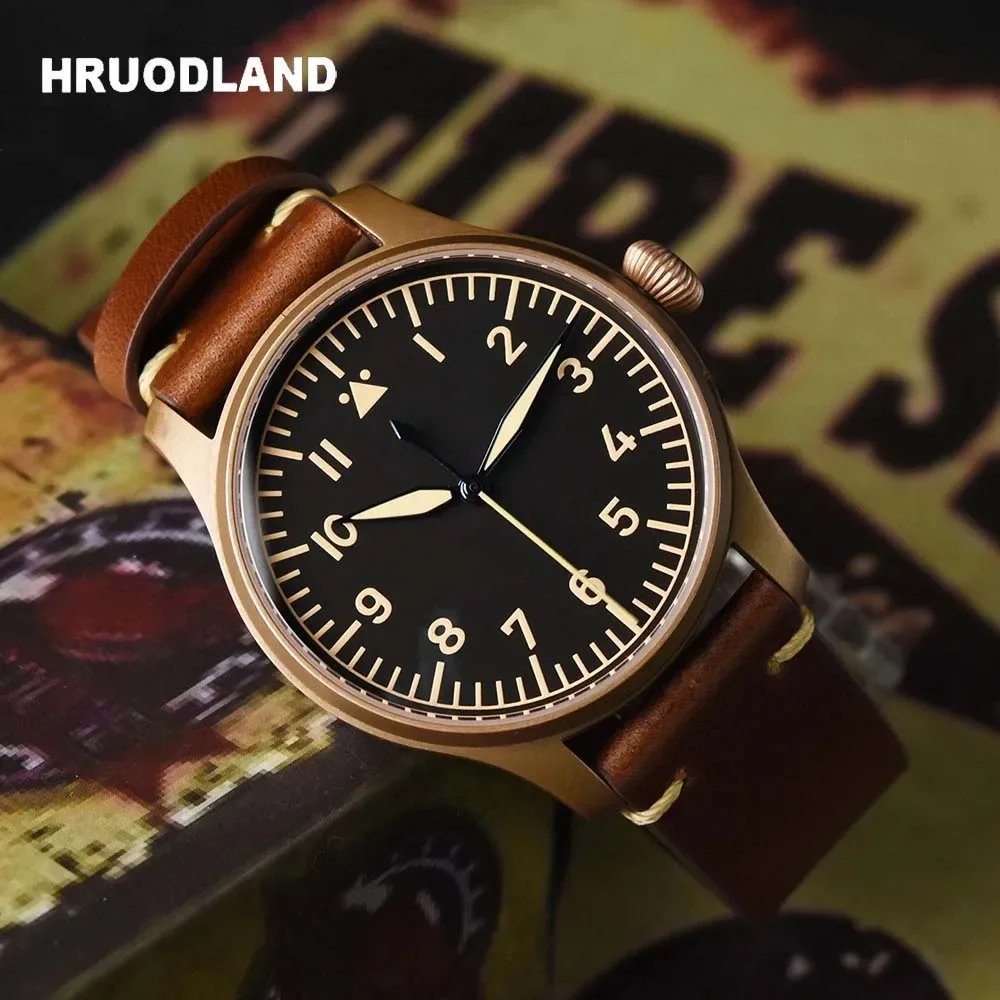 Hruodland Retro Fashion Men's Automatic Mechanical Bronze Wristwatches PT5000 Sapphire Leather waterproof 10Bar reloj hombre