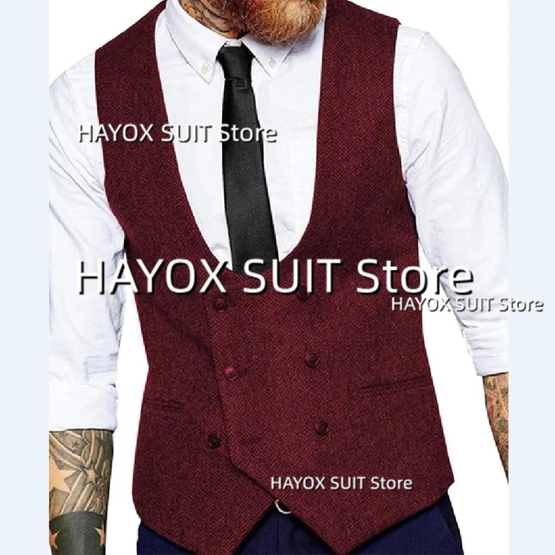 Men's Slim Fit Suit Vest Double Breasted Herringbone Tweed Tank TopSleeveless Jackets Vintage Tooling Tuxedo