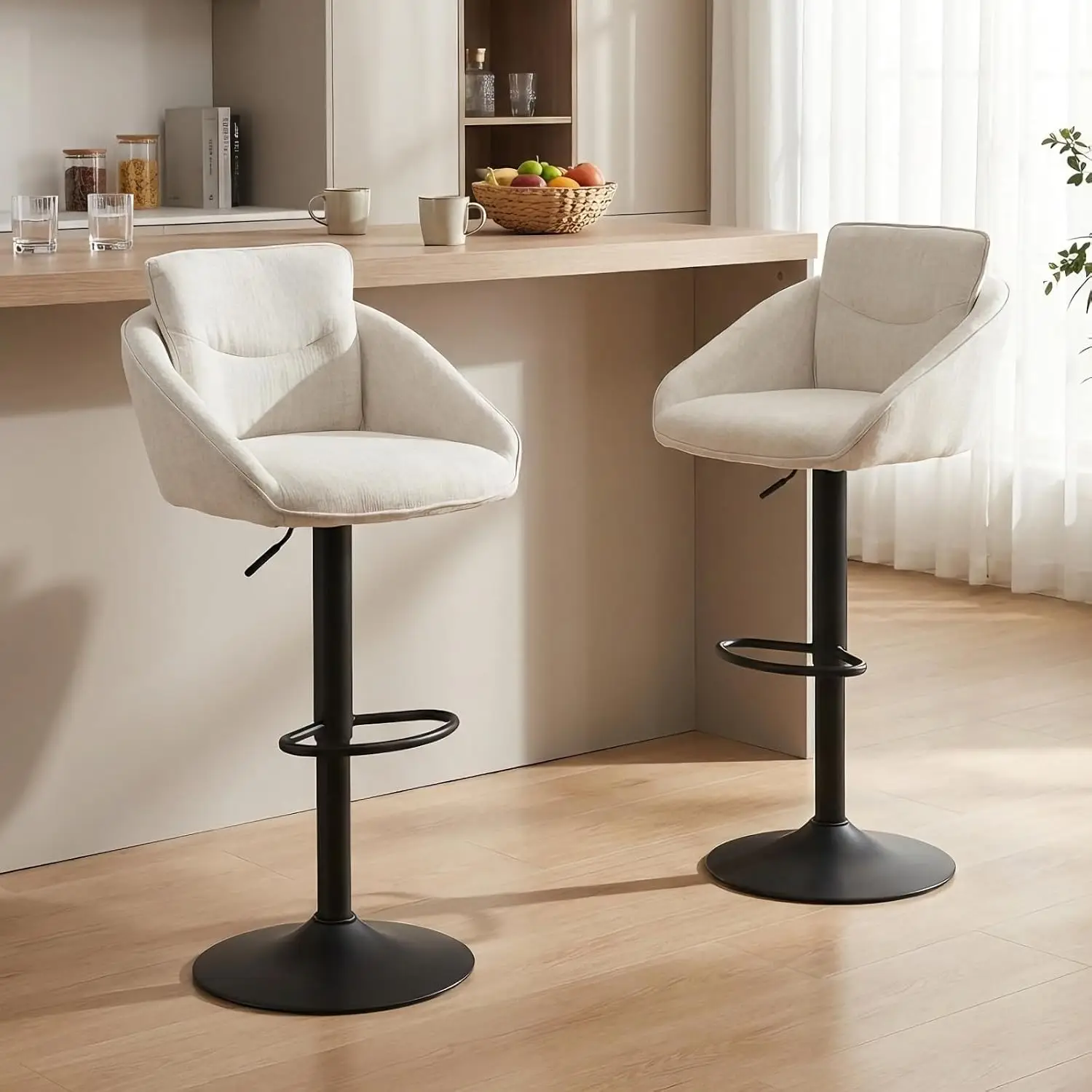 Set di 2 sgabelli da cucina regolabili in altezza, color beige, con seduta in lino, altezza regolabile da 90 a 111 cm, base in metallo girevole, schienale, braccioli, cuscino confortevole e