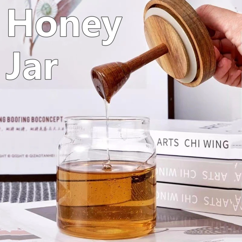 500ML Honey Jar and Dipper Set Sealed Tank Cover Stick and Glass Honey Containers with 1 Wooden Honey Dipper Storage Jars