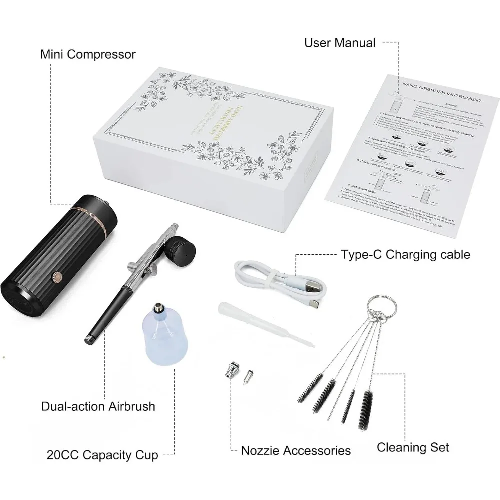 Zestaw aerografu z kompresorem, przenośny automatyczny ręczny pistolet aerografowy z 0,4 mm, akumulatorowy kompresor do malowania, tatuażu