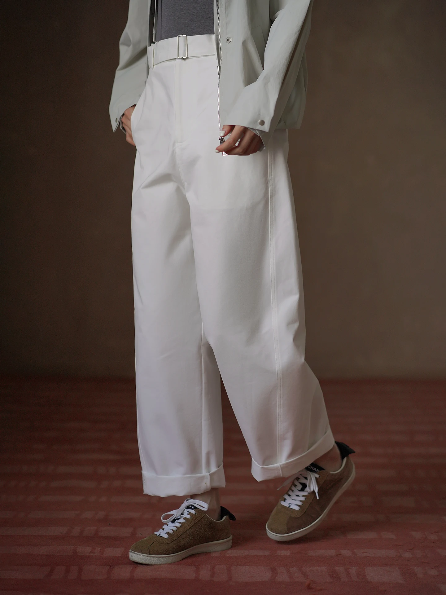 High Waist Straight Leg Cotton 100% Commuter Pants Adjustable Belt Versatile Long Trousers for Women Practical Elegant