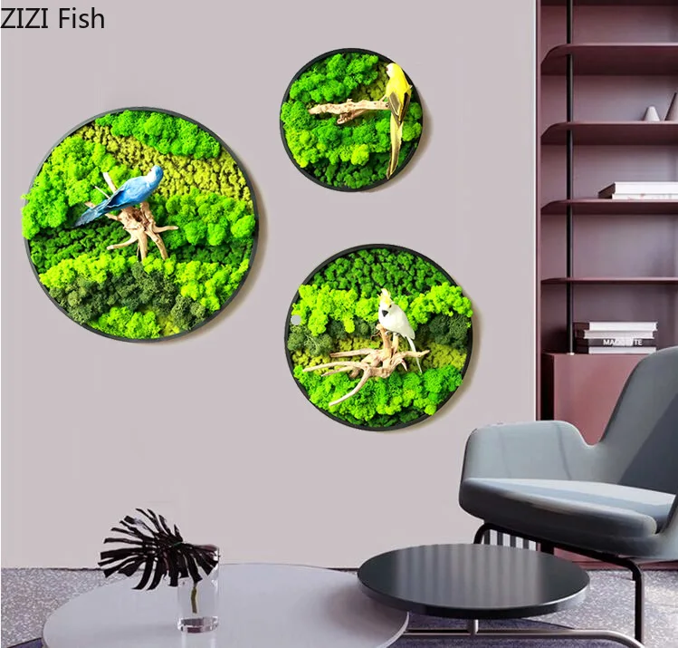 Modern Simulation Plant Moss Wall Hanging Photo Frame Wooden Wall Decoration Round Permanent Plant Wall Hanging Home Decoration