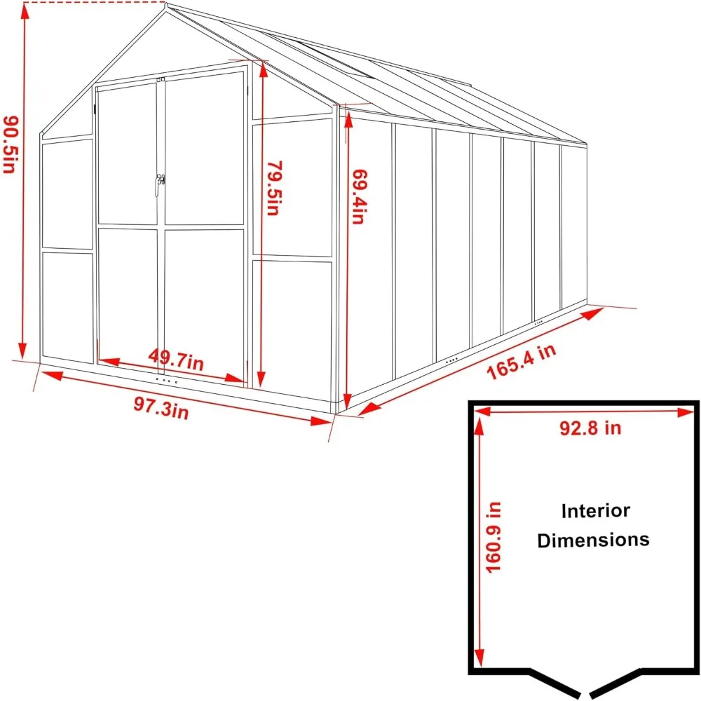 8 X 14 FT Garden Plants Green House Kit, Polycarbonate Greenhouse with Aluminum Frame, Greenhouse