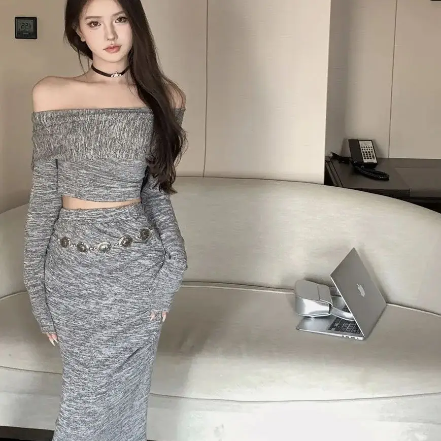 Two-Piece Set One-Shoulder Irregular Top High Waist Hip And Fishtail Skirt Pure Lust Style Autumn New Design Suit Women