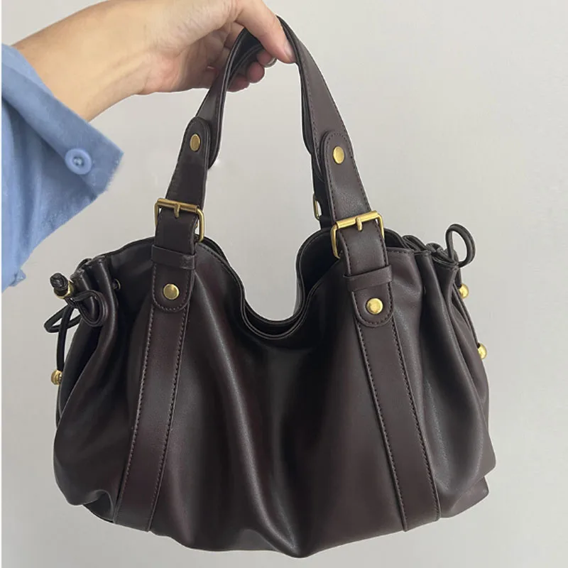 Vintage Large Capacity Women Shoulder Bags Retro Rivet Lady Handbags Tote Bag Luxury Soft Pu Leather Crossbody Bag