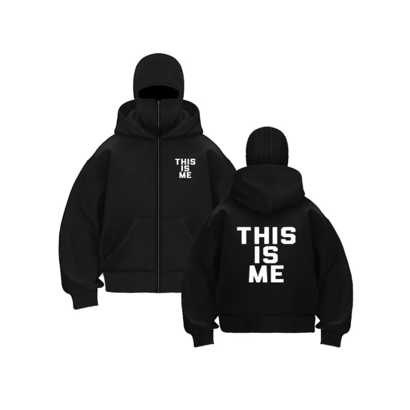 Moletom Masculino com Capuz e Zíper Estilo Balaclava Y2K Streetwear Oversized com Máscara Facial Completa e Estampa de Letras 'This Is Me' Casual