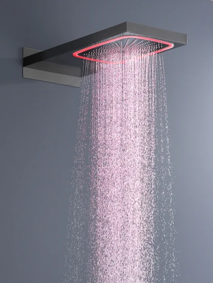 النحاس 4 وظيفة درجة حرارة ثابتة زر دش مخفي مجموعة LED مربع شلال المطر دش أعلى رذاذ