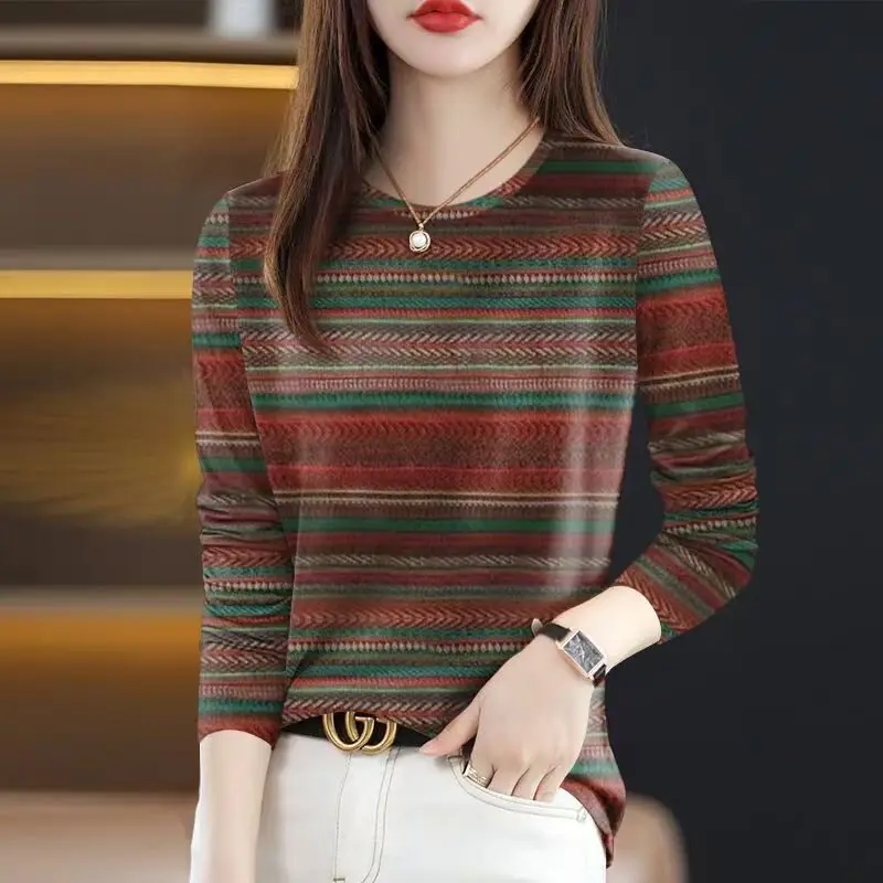 

Retro Striped Long Sleeve T-Shirt Women's Loose Belly Covering Slimming Age-Defying Top Casual Style Polyester Fiber round Neck