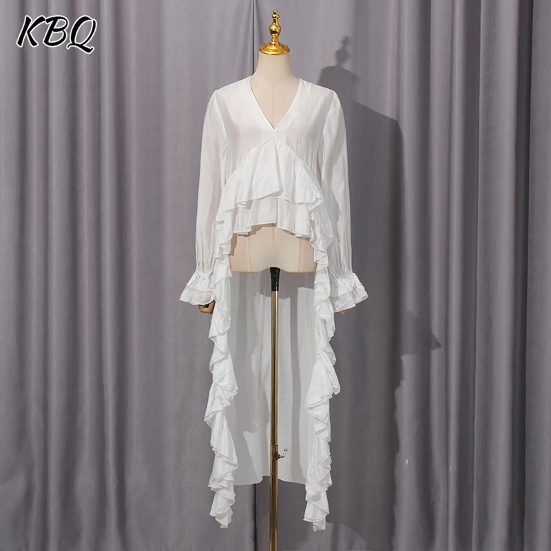 

KBQ Solid Spliced Ruffles Loose Irregular Hem Blouses for Women V Neck Long Sleeve Temperament Chic Shirt Female Summer Style