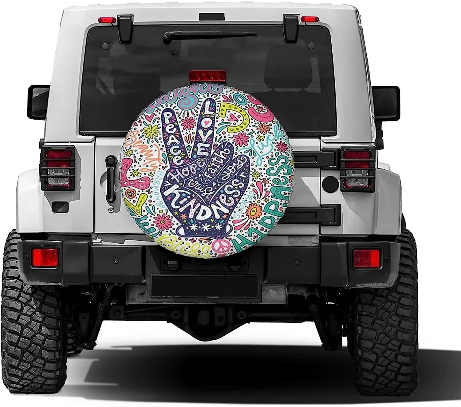 Floral Peace Sign Gesture Spare Tire Cover Polyester Universal Sunscreen Waterproof Wheel Covers for Trailer RV SUV Truck 15 In