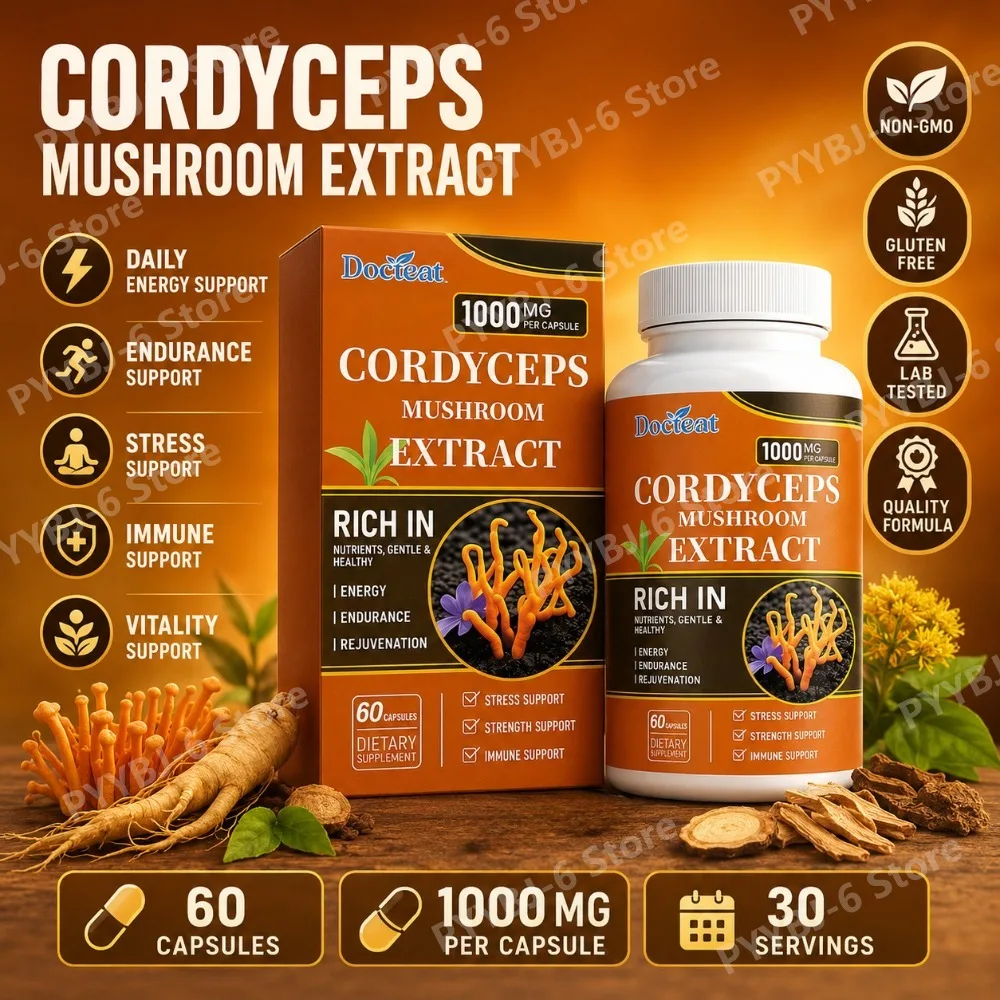 Docteat Cordyceps Mushroom Extract Capsules with Energy Mental Clarity Stress Balance Support Daily Vitality, 60 Capsules