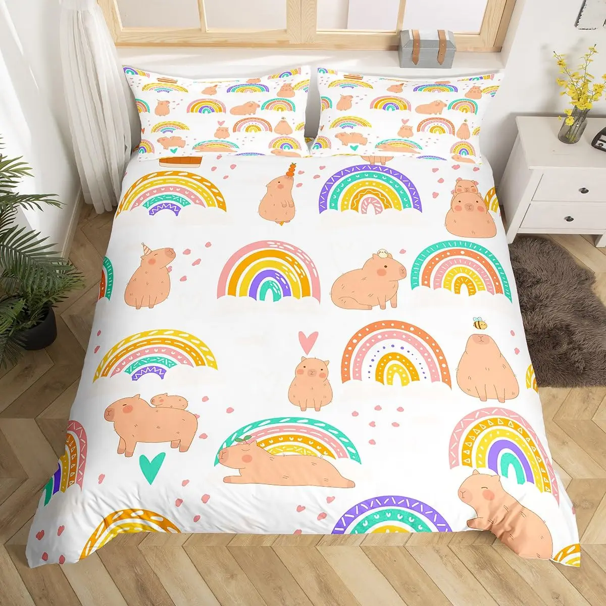 

Capybara Bedding Set 3D Printed Cartoon Rainbow Duvet Cover Set Soft Single Twin Double Queen King Size For Kids Birthday Gift