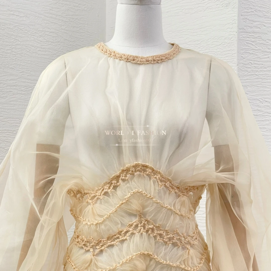 

2025 Women's Fashion Beige Long Sleeve Lantern Sleeve See Through Retract Waist Dress