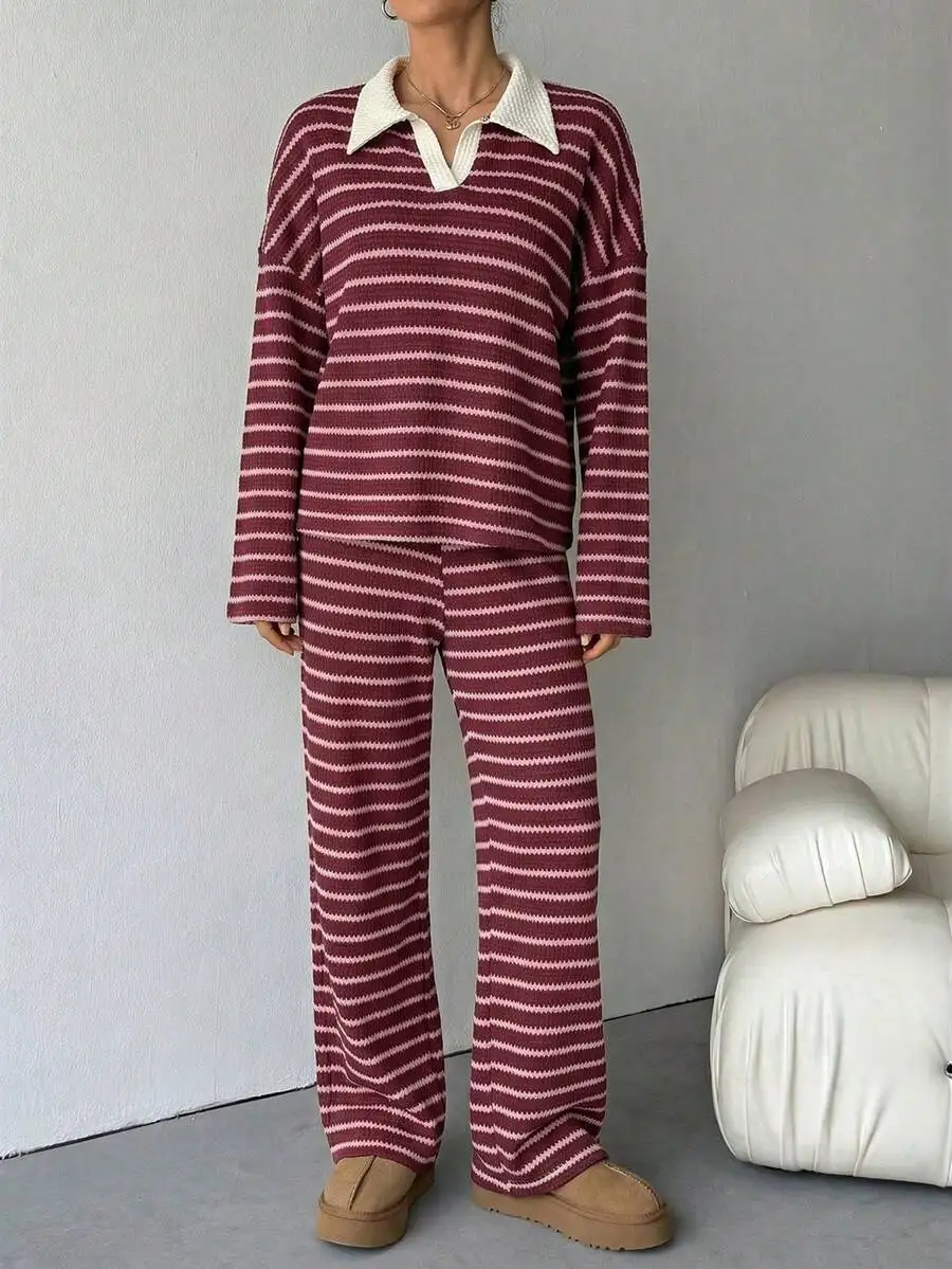 

Womens Loose Striped V-Neck Long Sleeve Sweater Set Elastic Waist Pants Autumn Winter Loungewear