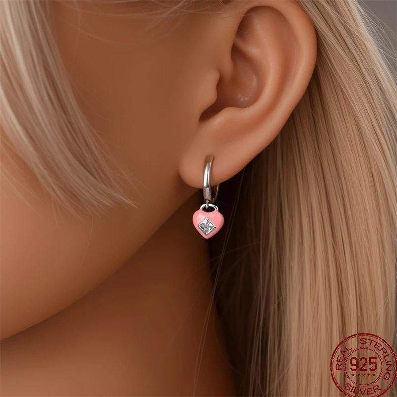 New Sweet 925 Sterling Silver Women's Princess Pink Zircon Pink Bow Design Earrings Fit Party Exquisite Jewelry Gift