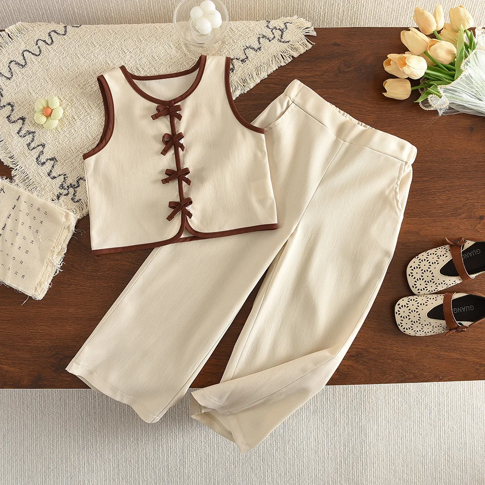 2026 Summer Boys Girl's Casual Clothing Sleeveless Top+Wide Leg Pants Set for 2 3 5 7year girls Top and Botton 2PCS Set Ramadan