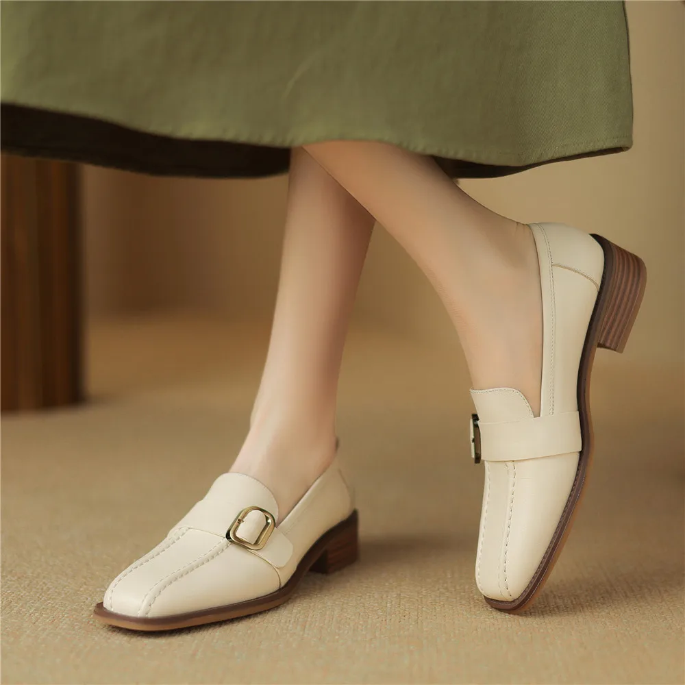 FEDONAS Spring Summer Women Pumps Genuine Leather Square Toe Thick Heels Fashion Belt Buckle Office Lady Working Shoes Woman New