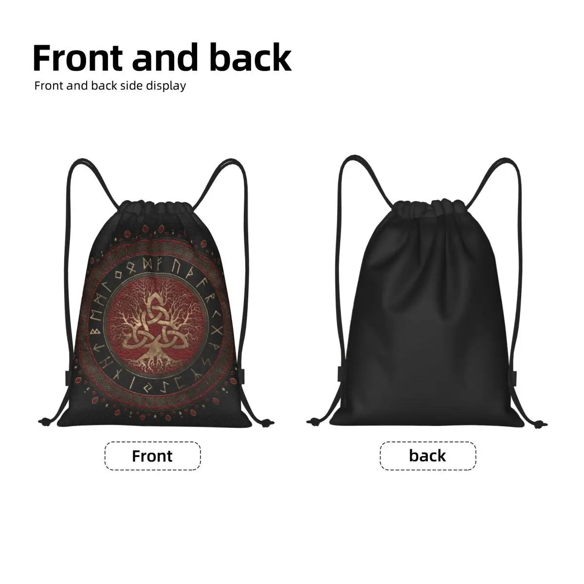 Tree Of Life With Triquetra Black Red Leather Gold Drawstring Backpack Sports Gym Bag Viking Norse Yggdrasil Training Sackpack