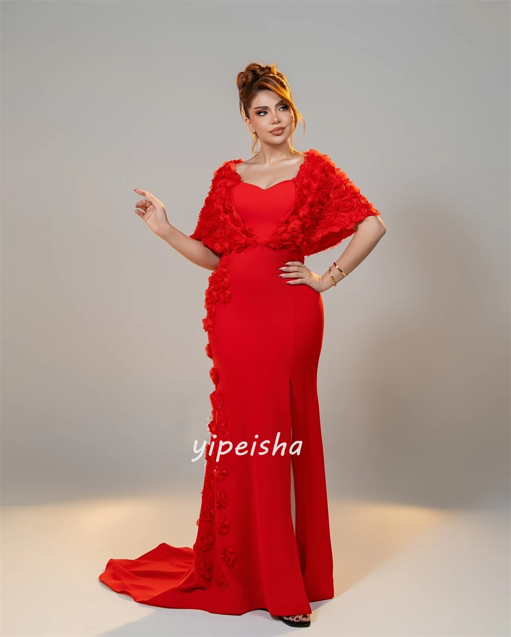 Maßgeschneiderte, hochwertige, modische Jersey-Kleider mit handgefertigten Blumenfalten, Meerjungfrau, schulterfrei, lange Kleider, maßgeschneiderte Anlasskleider, sexy